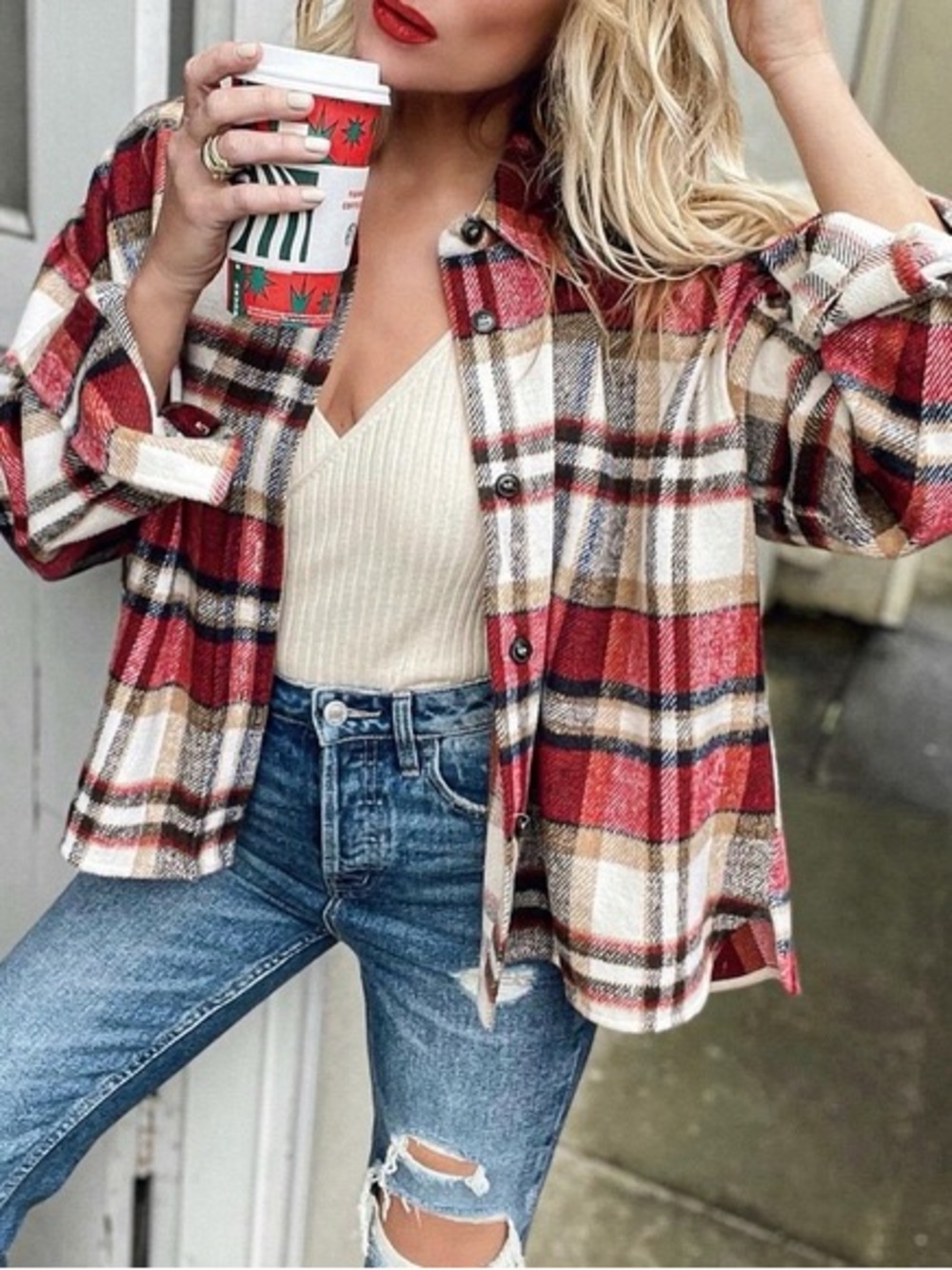 LAWLESS Red Plaid Button-Front Shacket - Picture 1 of 7